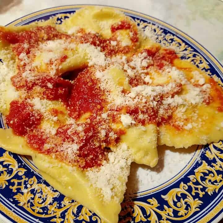 Ravioli with red tomato sauce and grated cheese on a decorative blue and gold plate, capturing the classic flavors of Florence food.