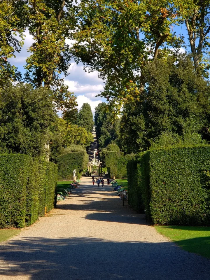 Tree-lined gravel path in a formal garden with trimmed hedges and statues, perfect for a leisurely stroll and a must-see on any Florence Italy itinerary.