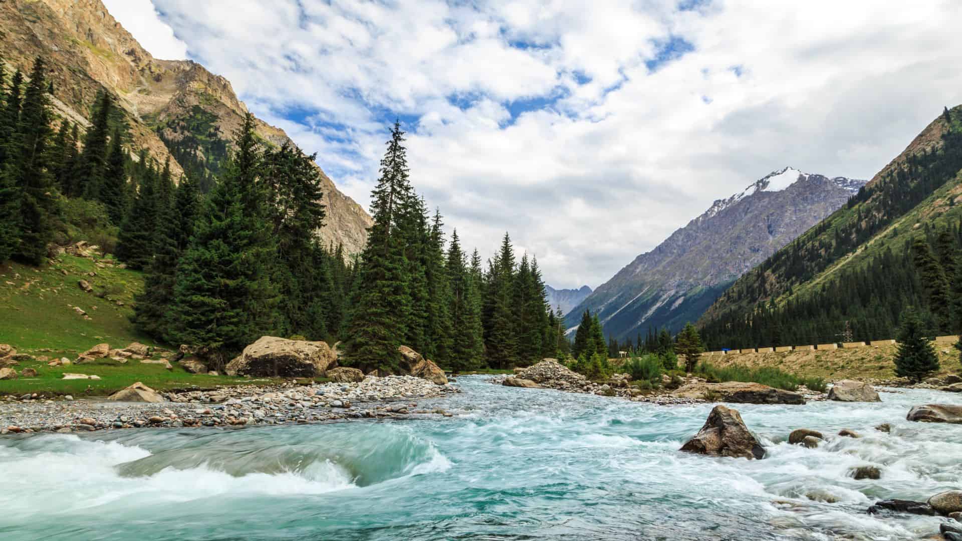 A fast-flowing river winds through a pine forest in a mountain valley under a partly cloudy sky.