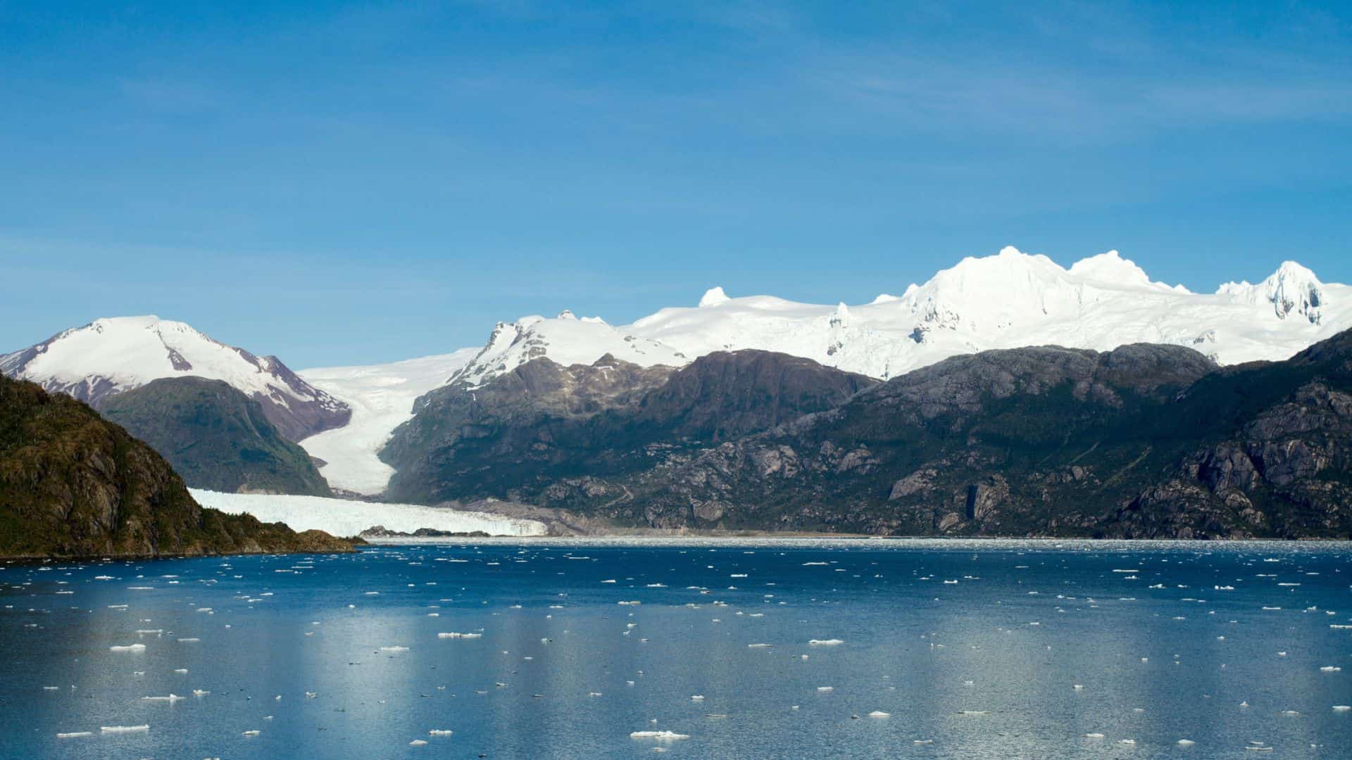 Snow-capped mountains and a glacier meet a blue lake dotted with floating ice under a clear sky.