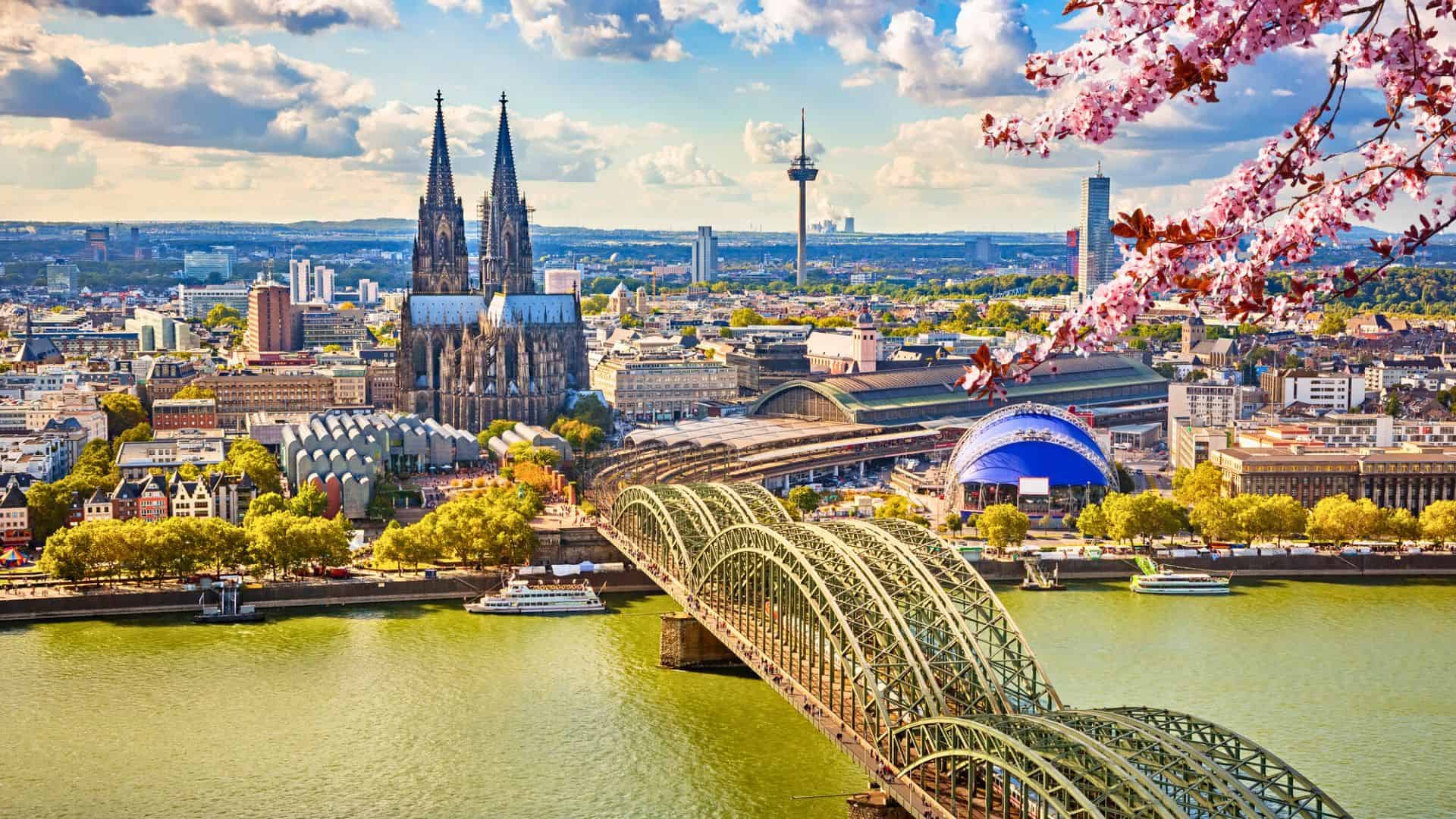 Cologne skyline with the cathedral, Hohenzollern Bridge, and cherry blossoms by the Rhine River.