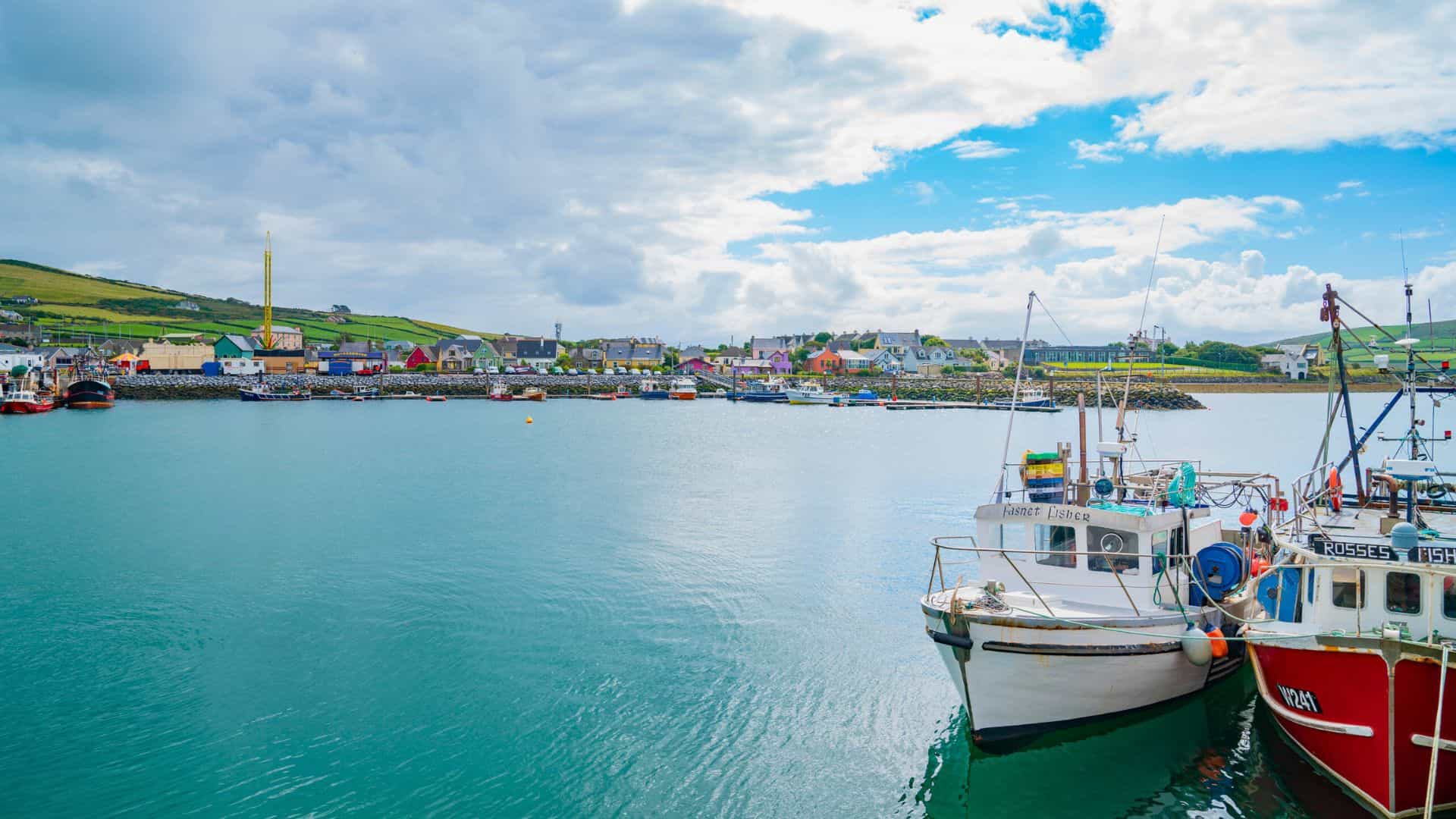 Fishing boats docked in a colorful harbor with a small village and green hills in the background under a blue sky.
