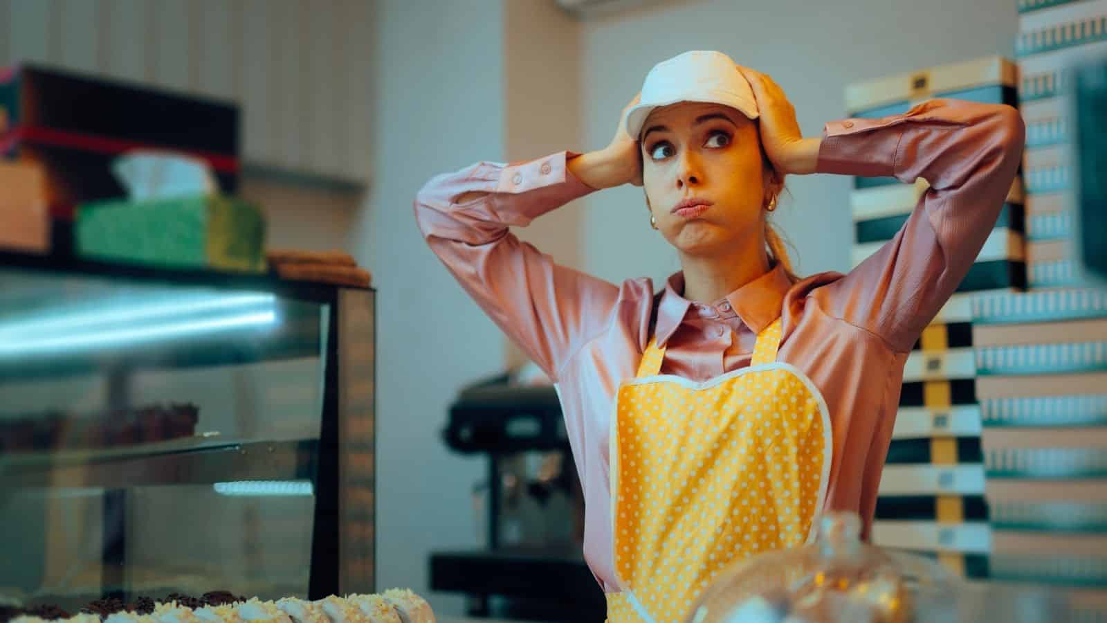 A bakery worker in a yellow apron looks stressed, holding her head with both hands behind the counter.