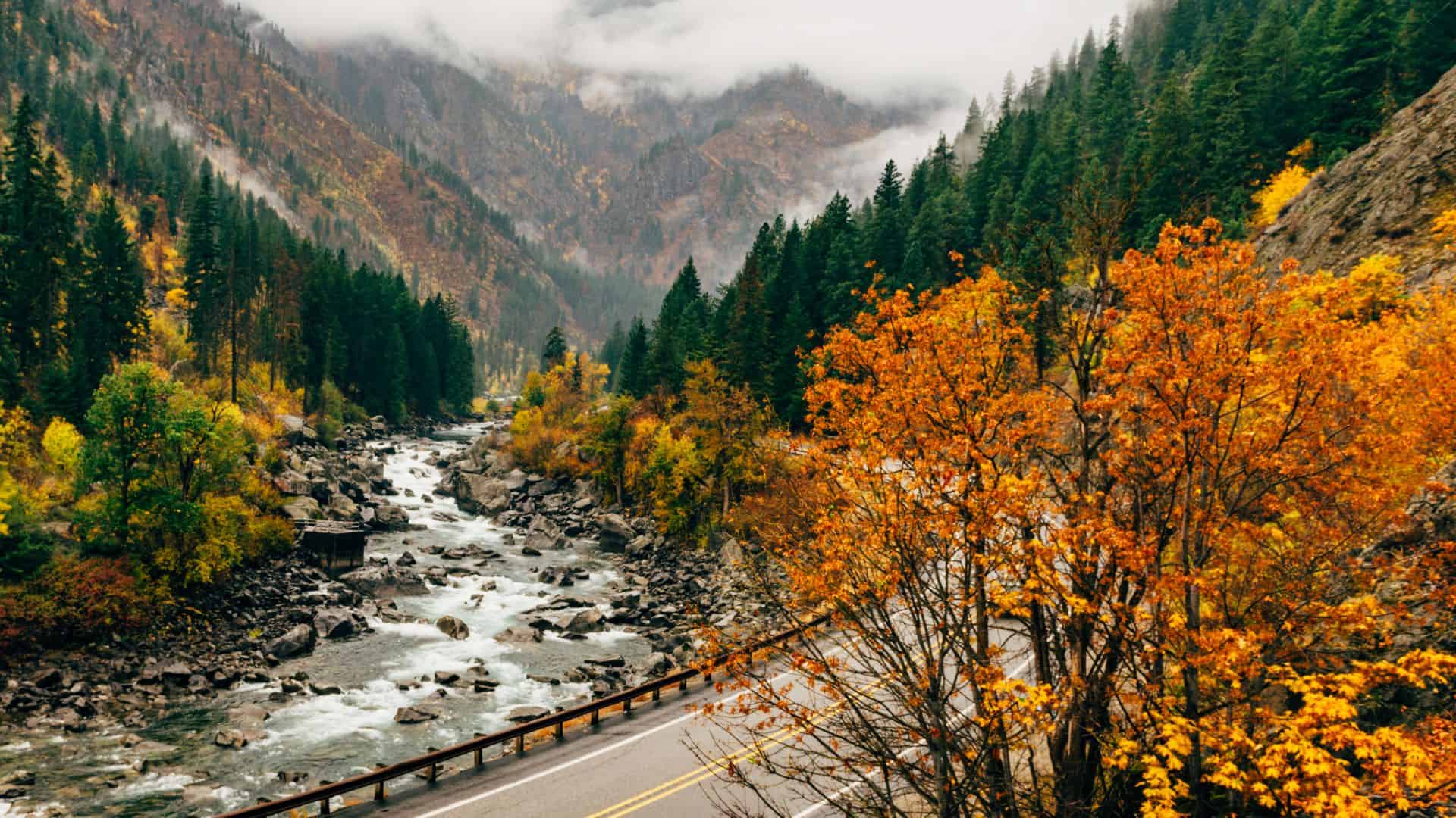A winding river flows through a forested valley with autumn trees and misty mountains in the background.