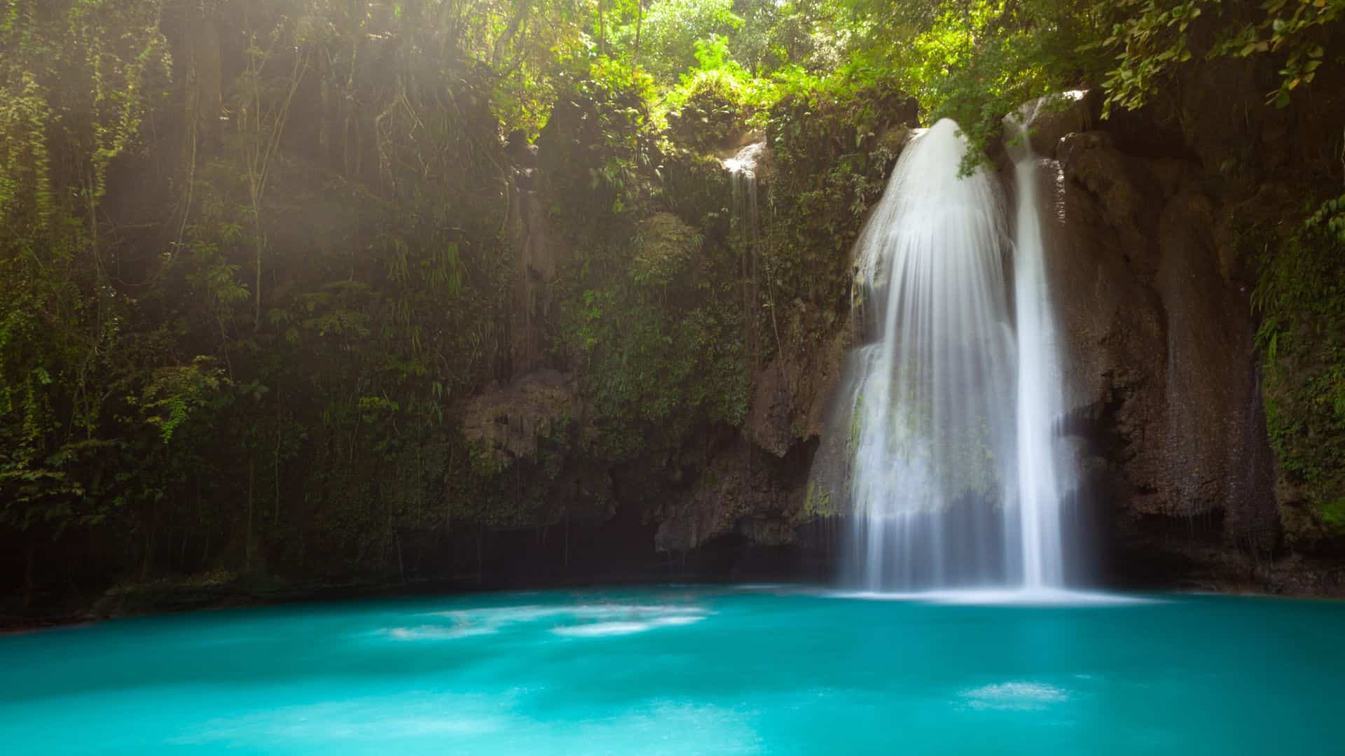 A waterfall cascades into a bright turquoise pool surrounded by lush green foliage.