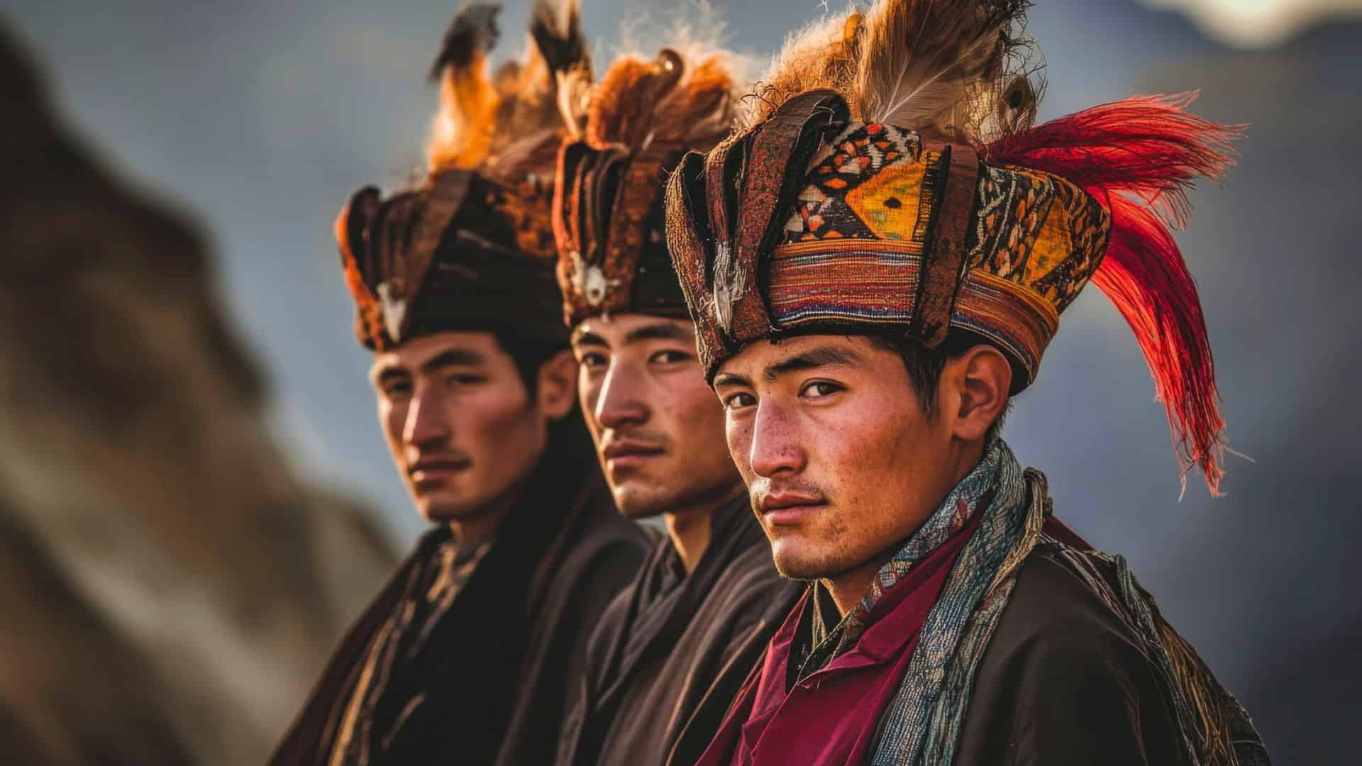 Three men in traditional colorful hats and clothing stand outdoors, looking toward the camera.