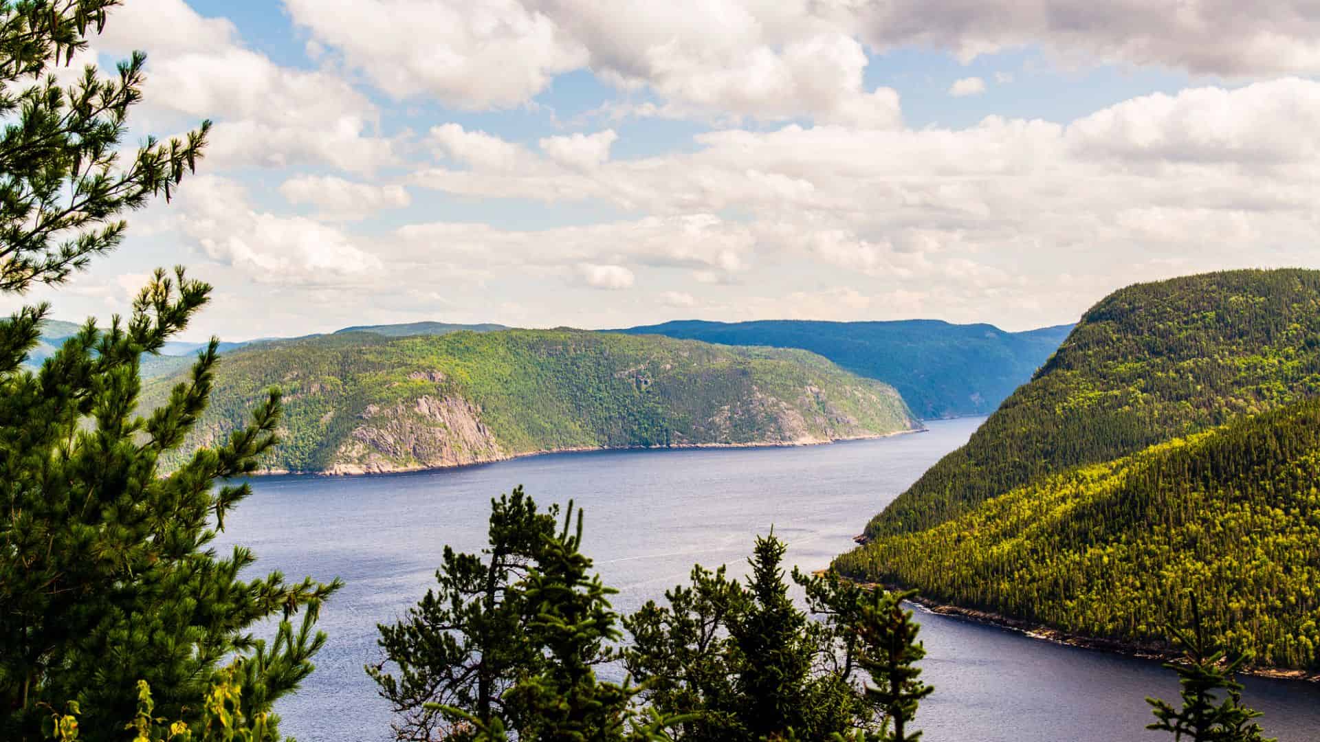 View of a wide river or fjord surrounded by forested, green hills under a partly cloudy sky.