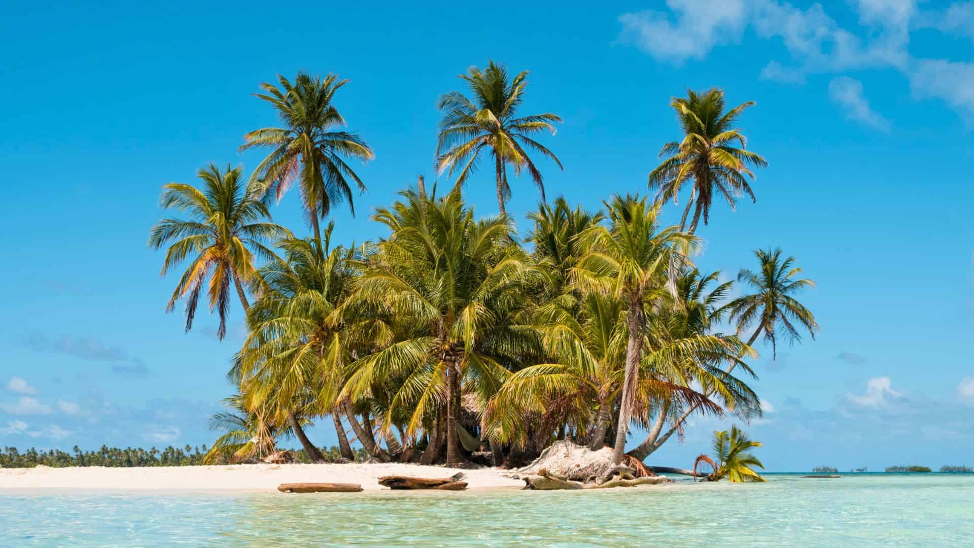A small tropical island with palm trees, white sand, and clear turquoise water under a bright blue sky.