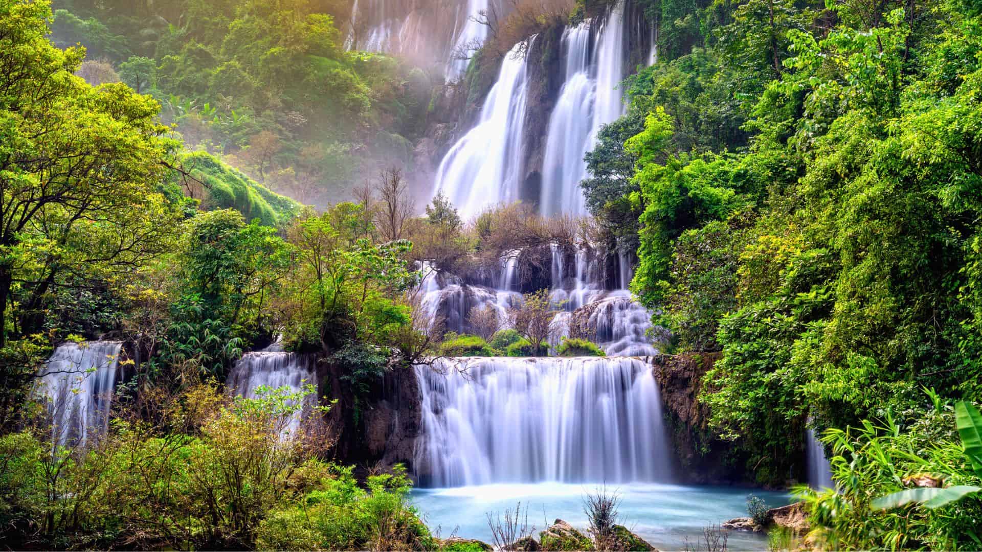 A lush green forest surrounds a multi-tiered waterfall flowing into a tranquil blue pool.