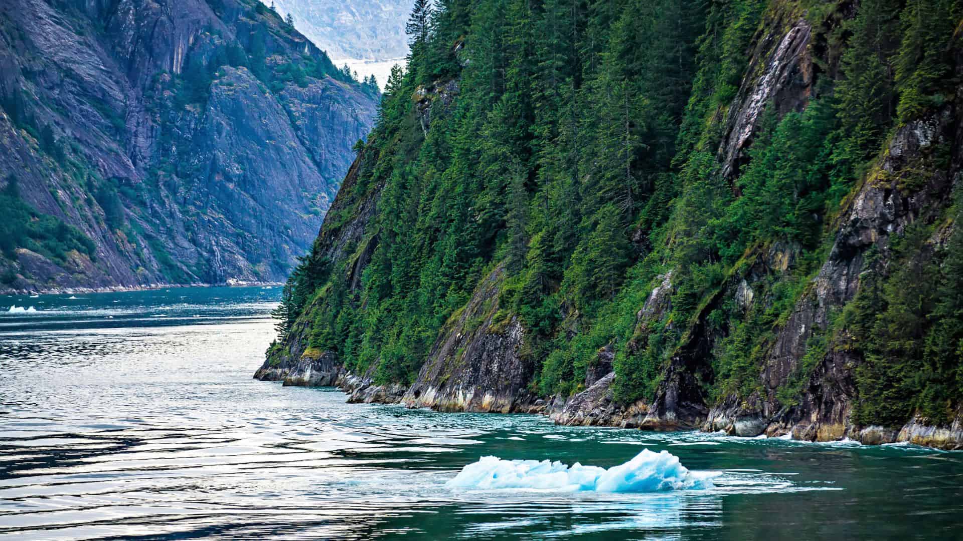 A blue iceberg in a body of water with trees and mountains.
