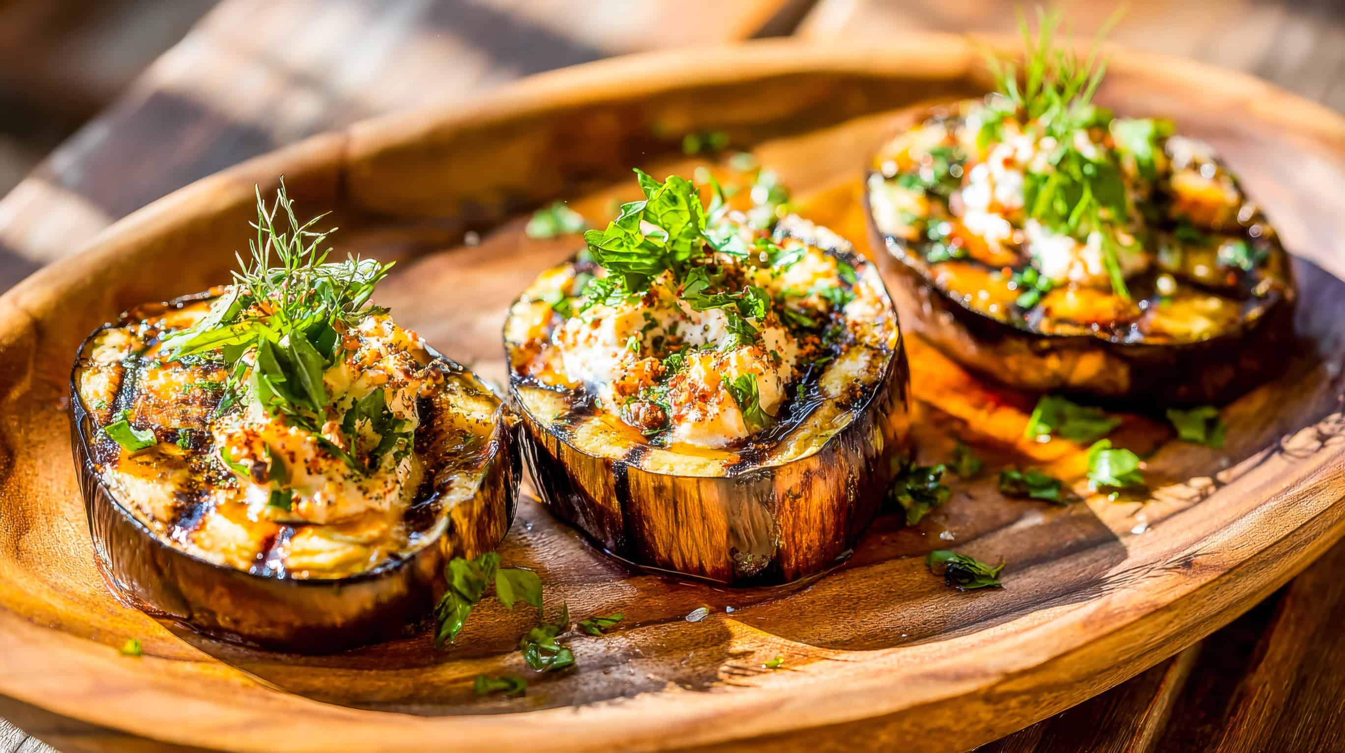 Grilled eggplant slices topped with creamy cheese, herbs, and spices, served on a wooden platter&mdash;a delightful taste of vegetarian food inspired by Spain.