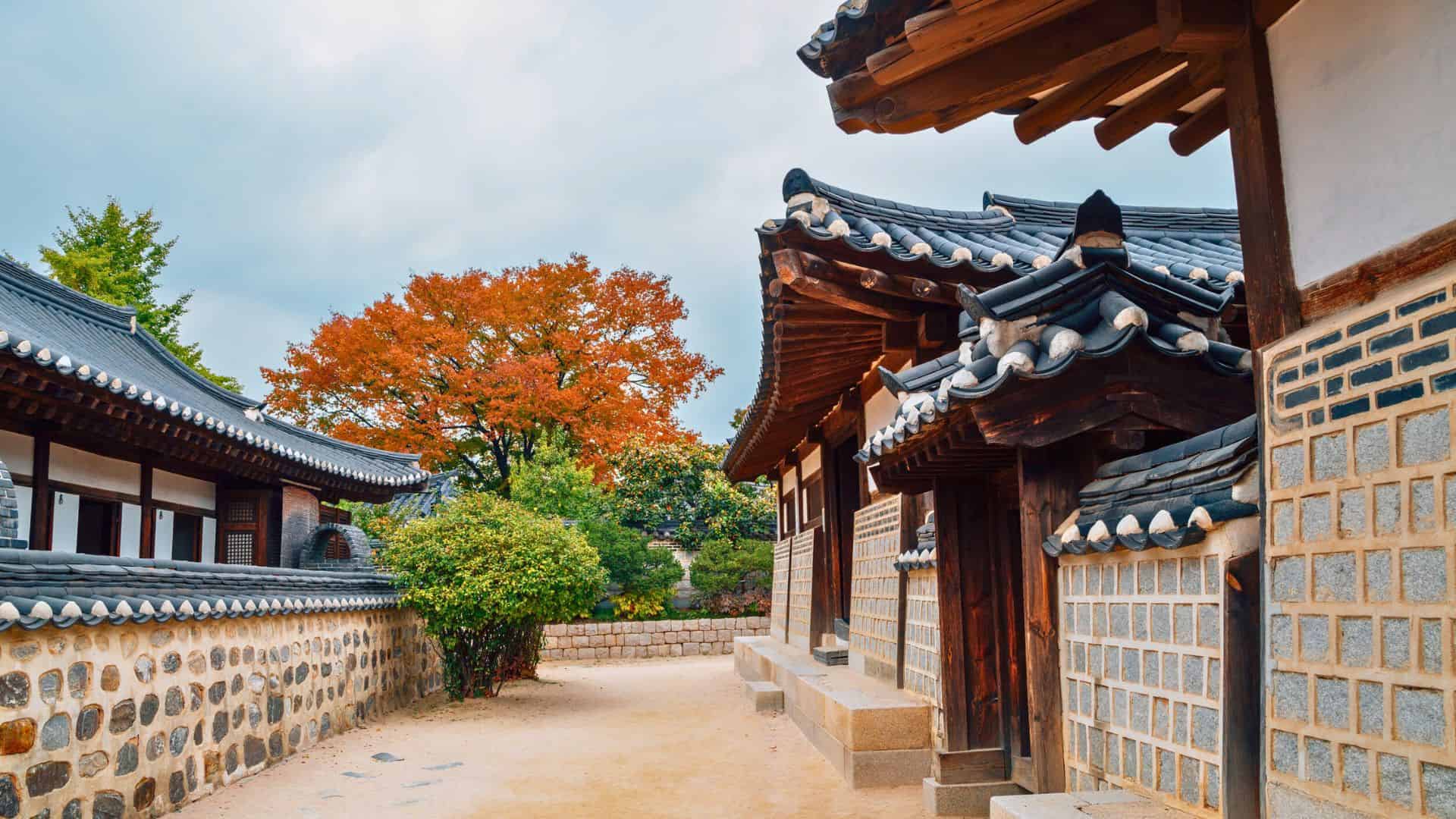 Traditional Korean houses with tiled roofs, stone walls, and a tree with orange leaves in the background.