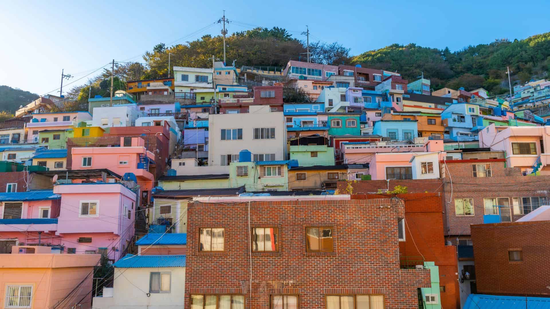 Colorful houses stacked on a hillside under a clear blue sky, with green trees at the top.