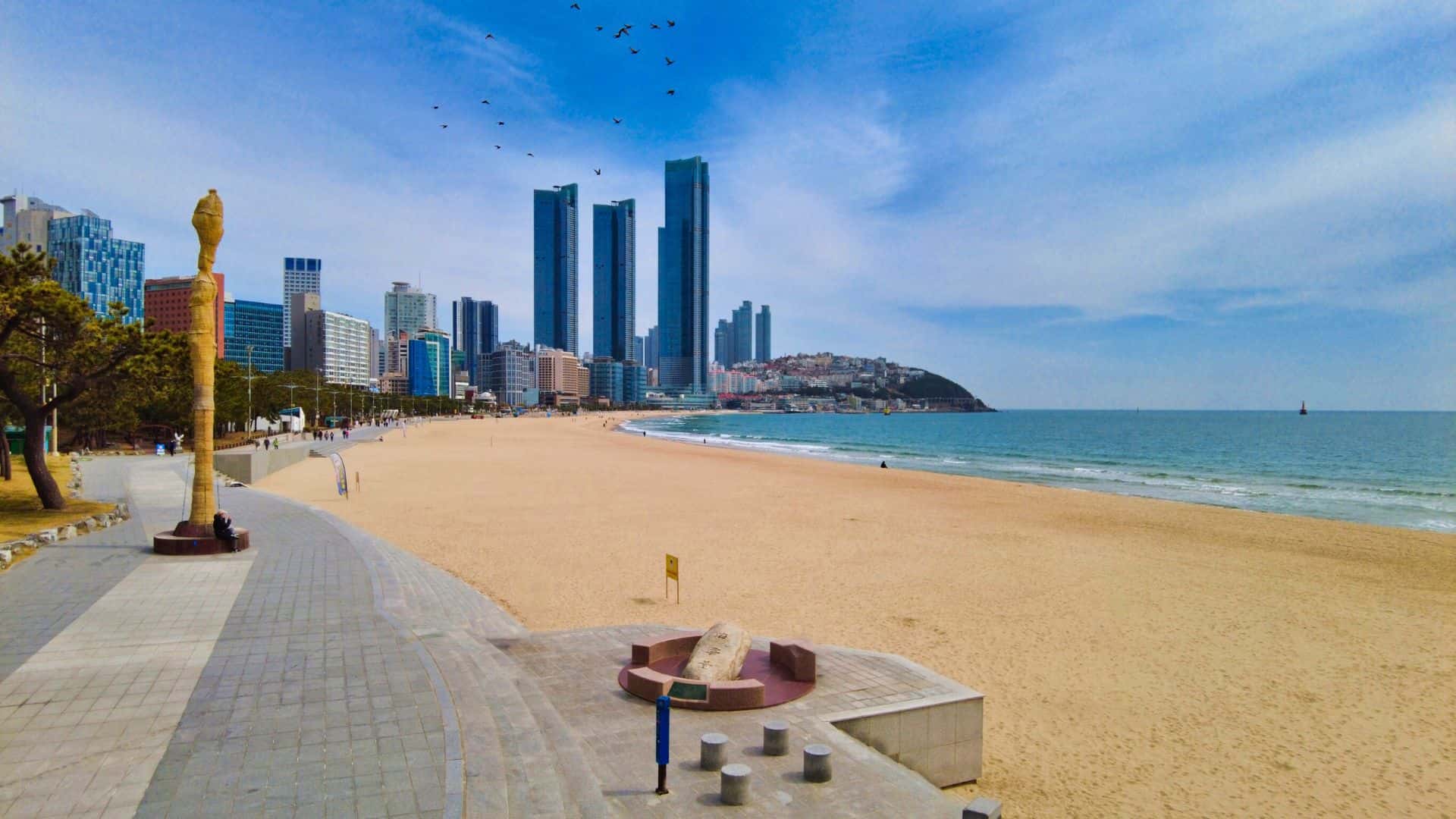 A sandy beach with tall city buildings in the background under a partly cloudy sky.