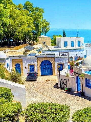 White and blue buildings overlook bright blue sea and sky, surrounded by lush green trees and plants.
