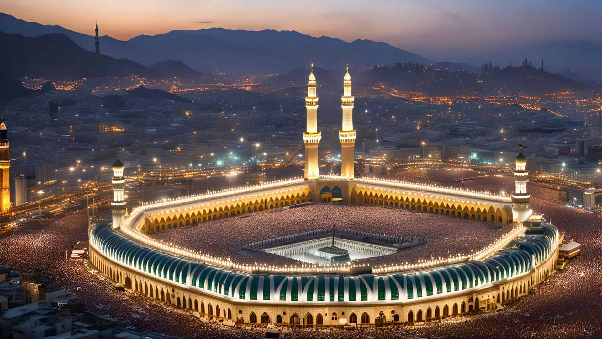 Aerial view of the Grand Mosque in Mecca at dusk, filled with worshippers and city lights in the background.