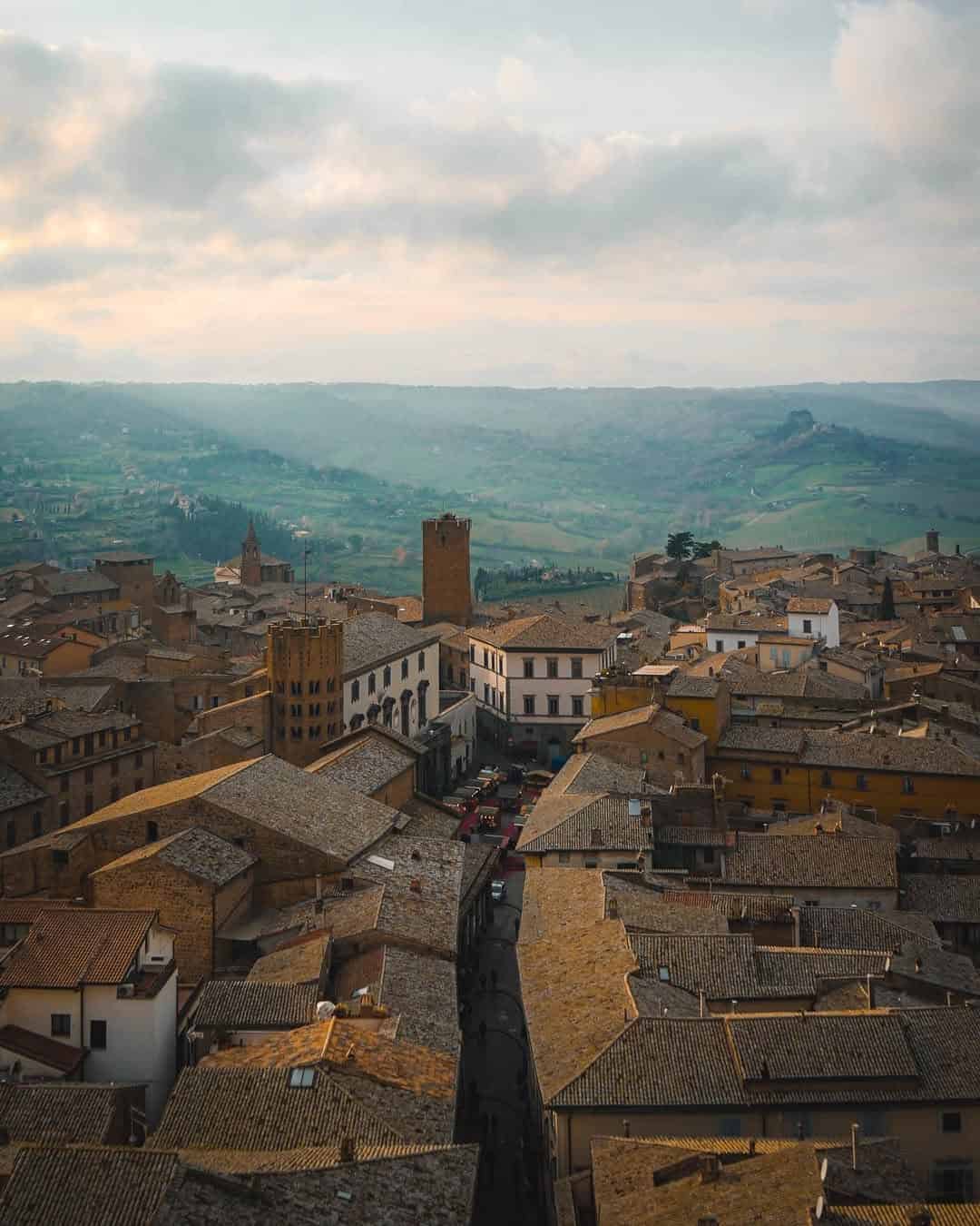 Aerial view of a historic town with brown rooftops and distant green hills under a cloudy sky, one of the best day trips from Rome for families seeking scenic beauty and cultural charm.