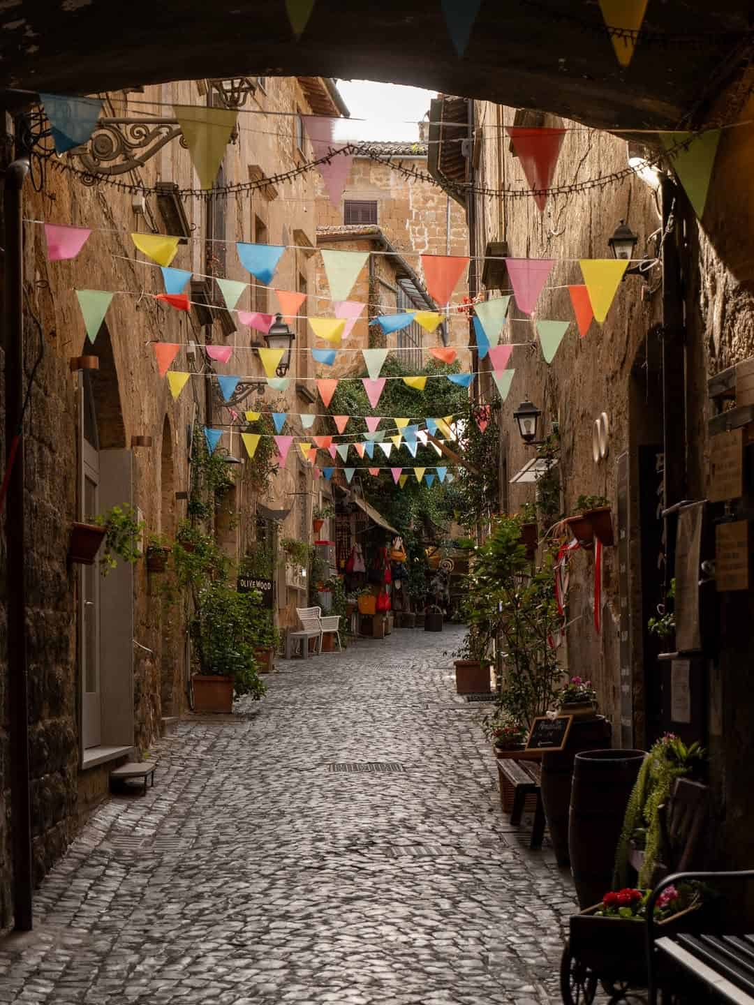 A narrow cobblestone street, perfect for families seeking the best day trips from Rome, is decorated with colorful triangular flags and lined with potted plants and inviting shops.