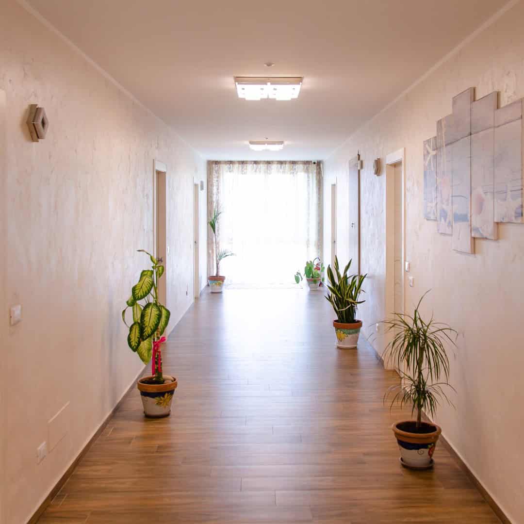 Bright hallway with wooden floor, several potted plants, wall art, and sunlight streaming through sheer curtains&mdash;evoking the relaxed vibe of the best beach resorts in Italy for families.