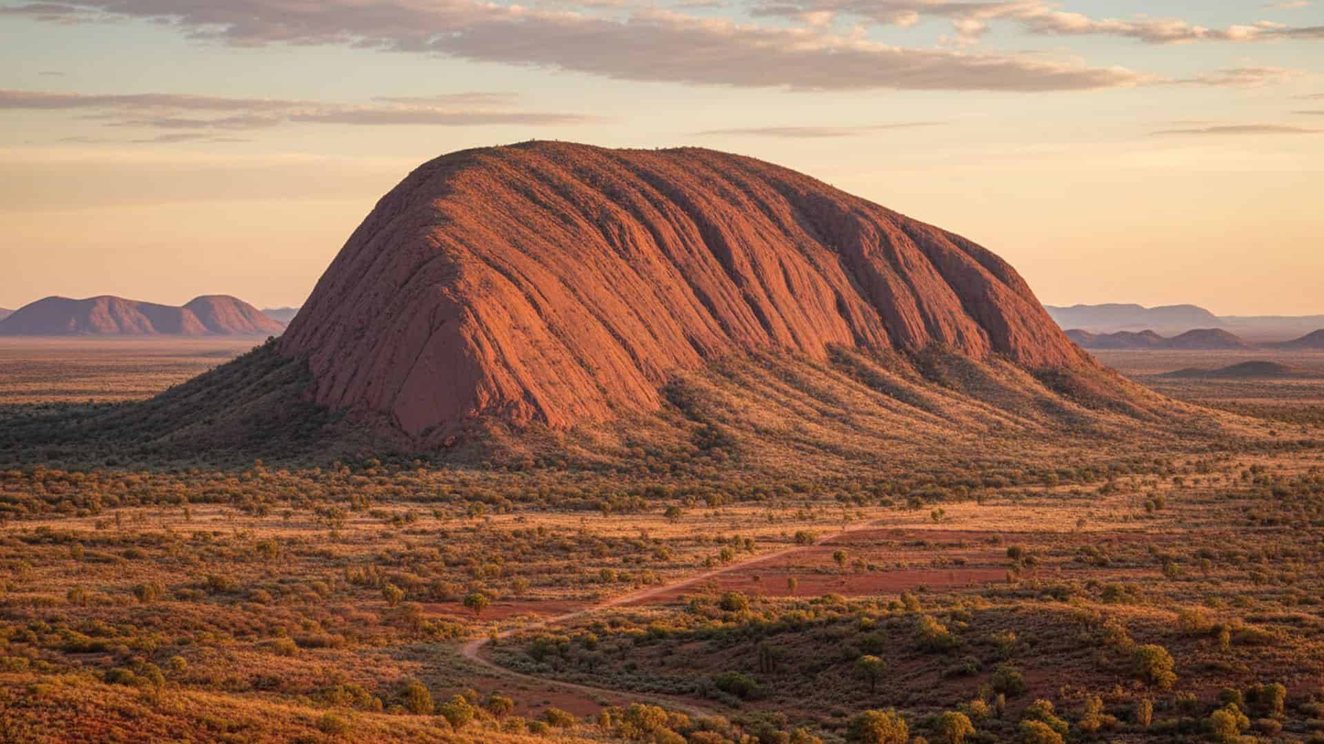 Uluru, a large red sandstone rock formation, rises above the flat desert landscape under a partly cloudy sky.