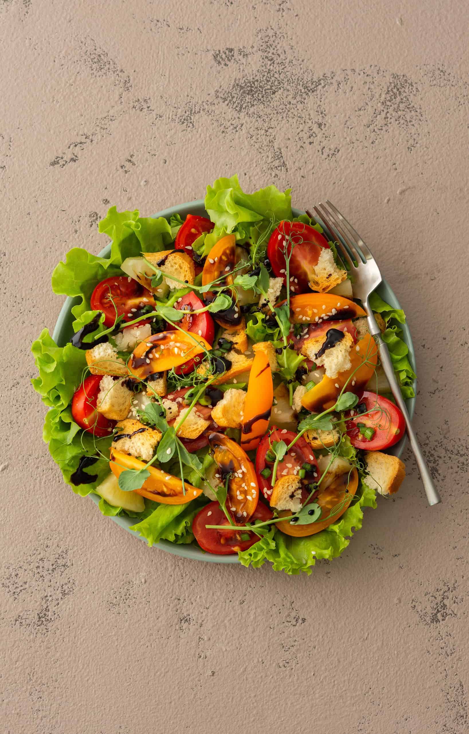 A colorful salad with lettuce, tomatoes, croutons, and greens on a plate with a fork&mdash;enjoy a taste of the Best Vegetarian Food in France.
