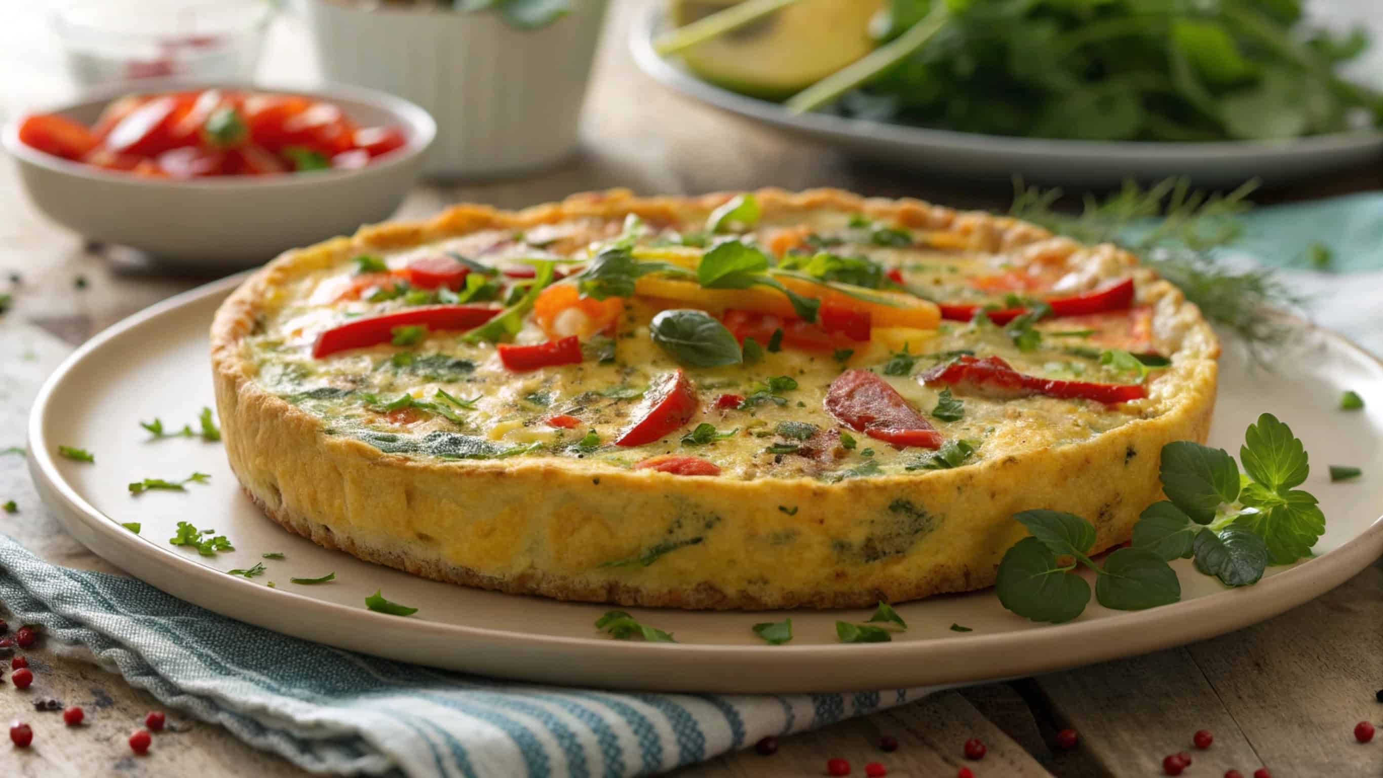 A vegetable frittata garnished with herbs and red peppers on a plate, with salad and tomatoes in the background&mdash;a perfect way to Eat Vegetarian in Italy.