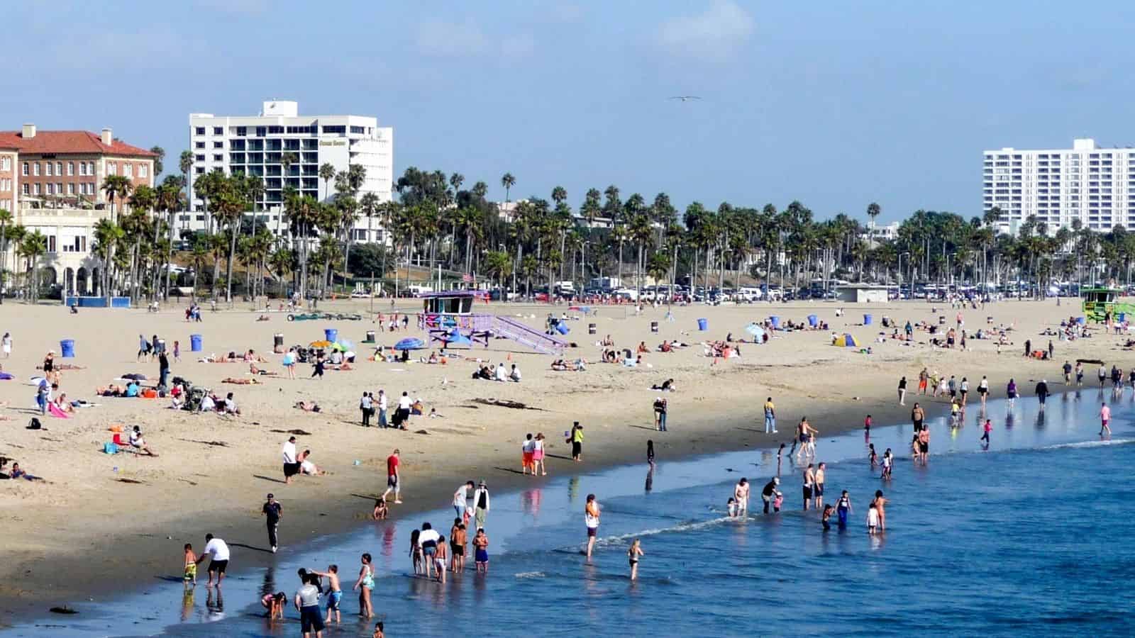 People enjoying a sunny day at a sandy beach with buildings and palm trees in the background.