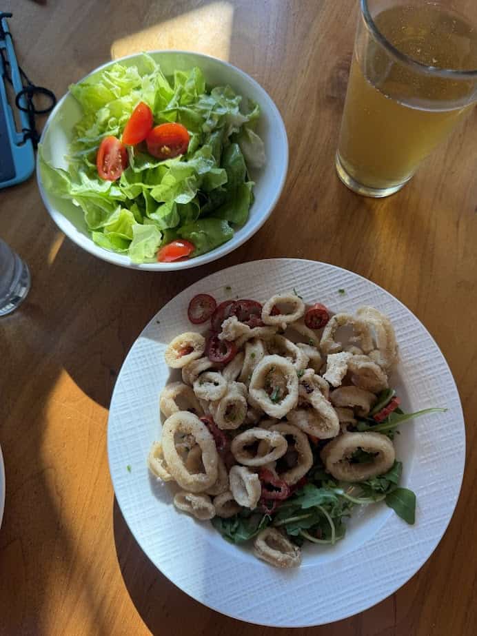 A plate of fried calamari with greens, a side salad with tomatoes, and a glass of iced tea on a wooden table—perfect for savoring during a Finger Lakes weekend getaway.