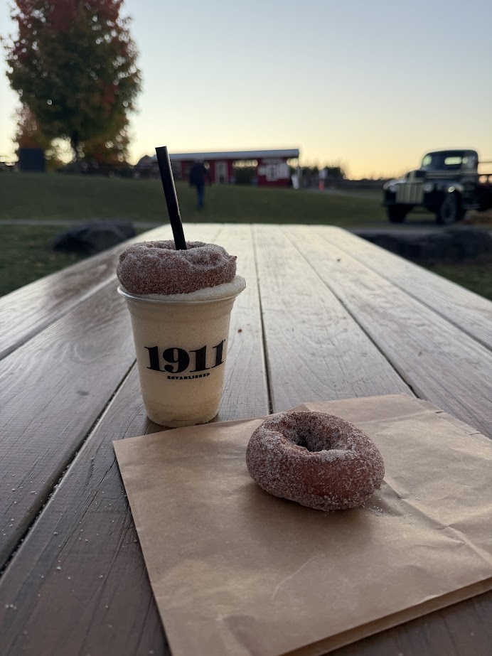 A cider slushie with a donut on top and another donut on a napkin, enjoyed on a picnic table at sunset—perfect for savoring during a Finger Lakes fall road trip.