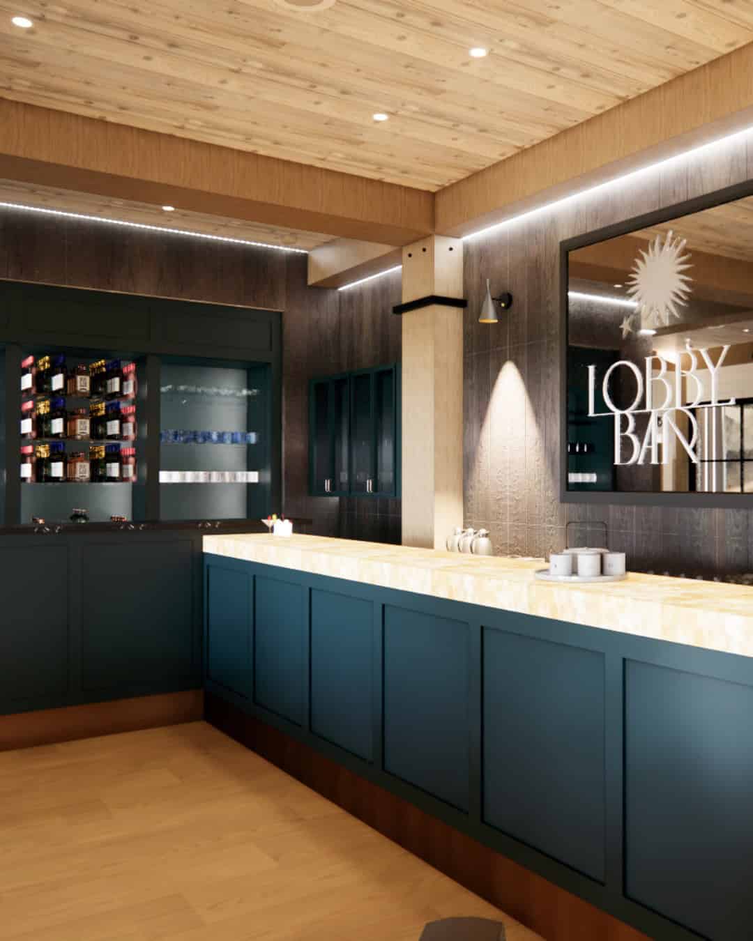 Modern hotel lobby bar with a marble countertop, wooden ceiling, dark cabinets, and a sign reading "Lobby Bar," welcoming guests to unwind at Skaneateles Fields Resort after a day exploring the Finger Lakes or relaxing at the spa.