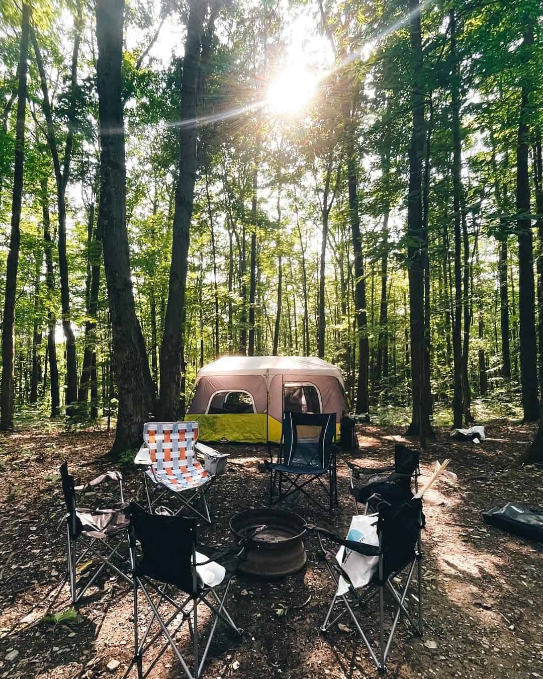 Sunlight shines through trees onto a campsite at Watkins Glen State Park, with a tent and empty chairs arranged around a fire pit.
