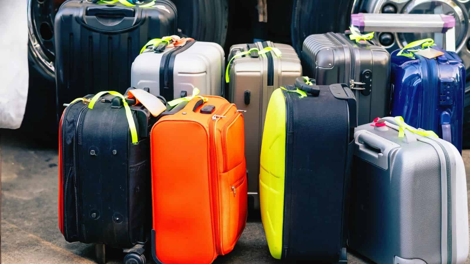 A group of colorful suitcases with tags and green straps standing together on a pavement.