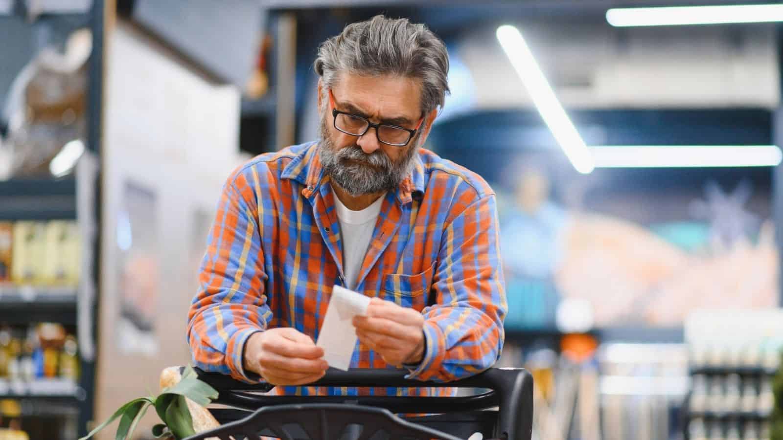 A man with glasses reads a receipt while standing behind a shopping cart in a grocery store.