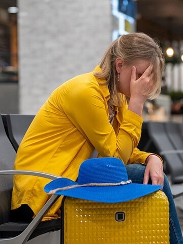 A woman in yellow sits on an airport bench, head in hand, with a blue hat on her yellow suitcase.