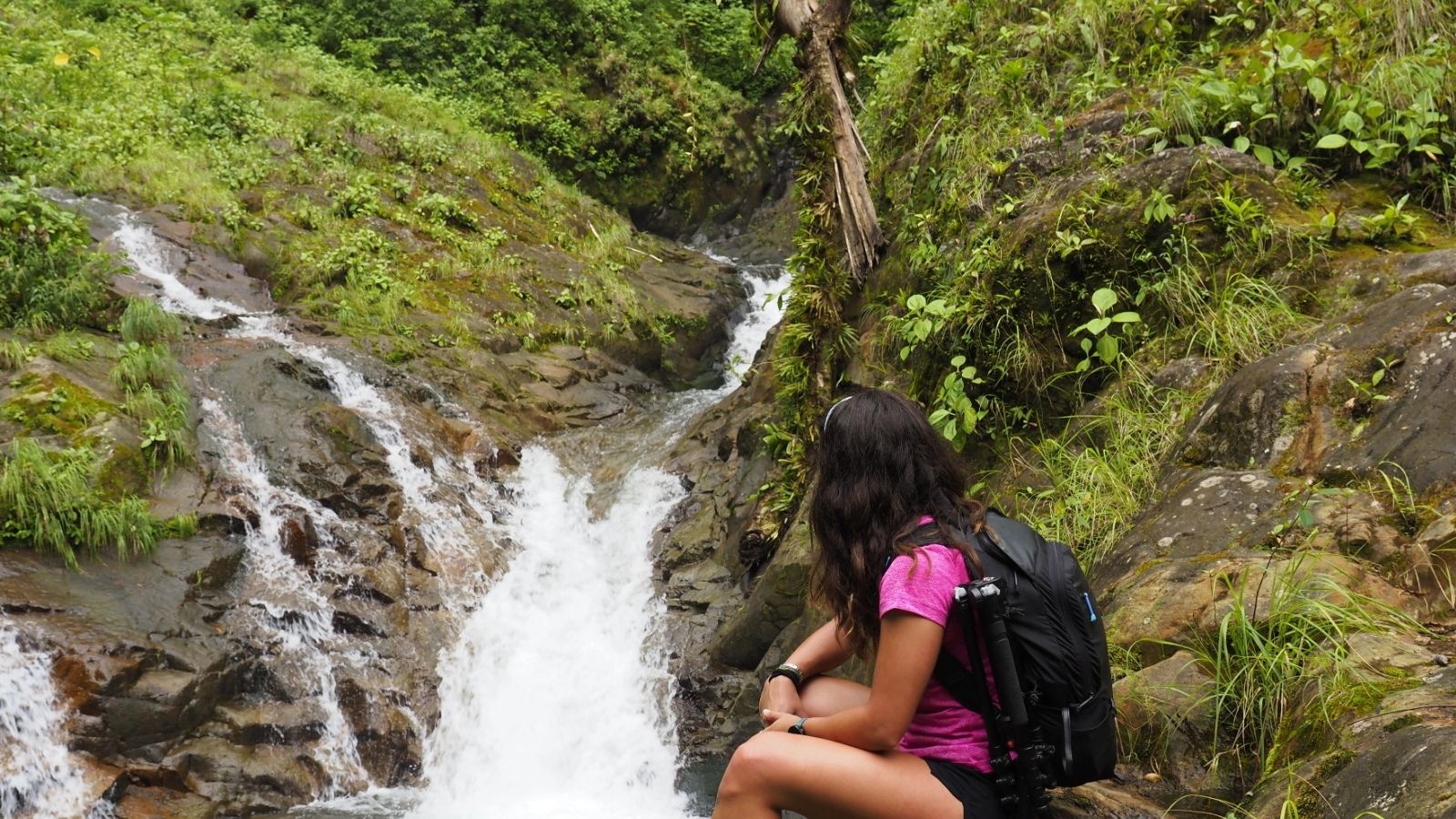 A woman with a backpack sits on rocks, looking at a small waterfall in a lush, green forest.