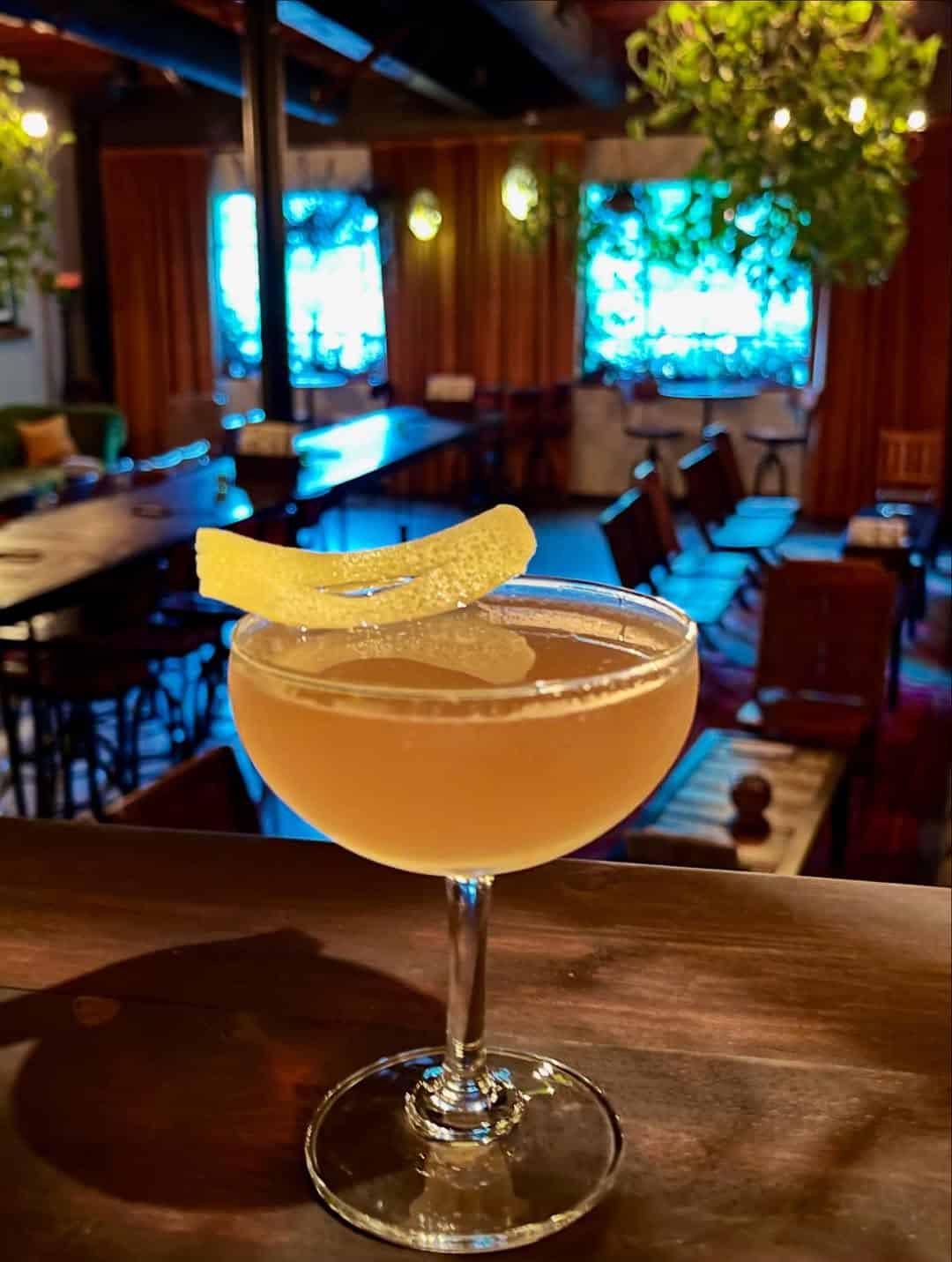 A cocktail with a lemon twist garnish sits on a bar, set against the cozy, warmly lit lounge of one of the Best Places to Stay in Finger Lakes Near Wineries.