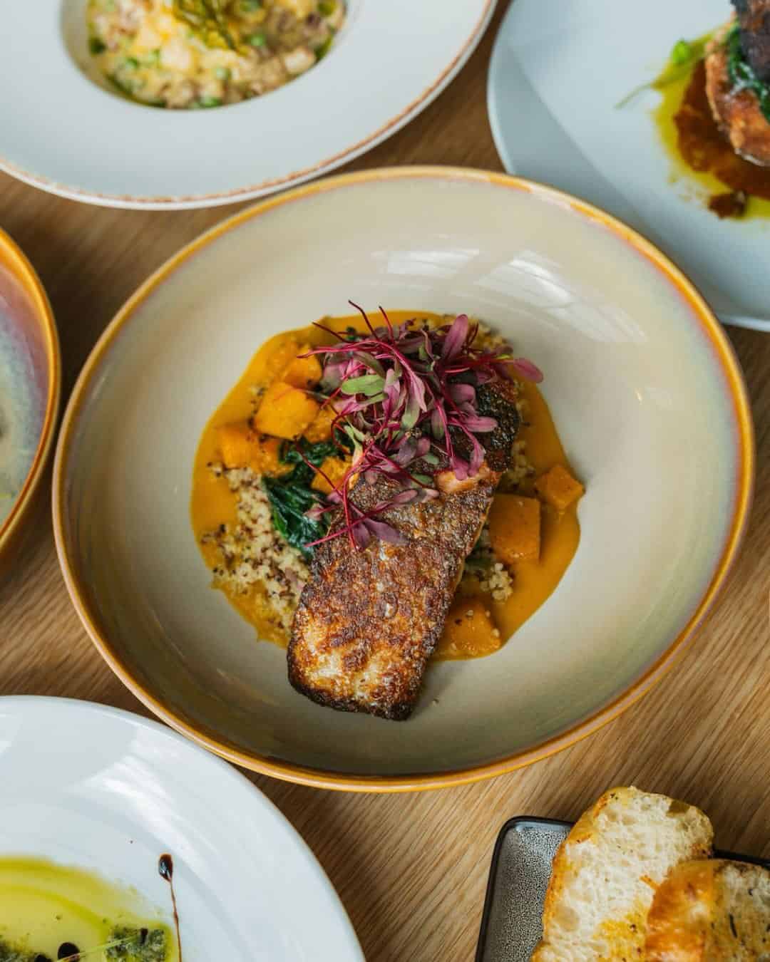 Seared fish fillet on grains with squash, greens, and microgreens—just one of the delicious offerings you’ll find when exploring the best places to stay in Finger Lakes near wineries and scenic dining.