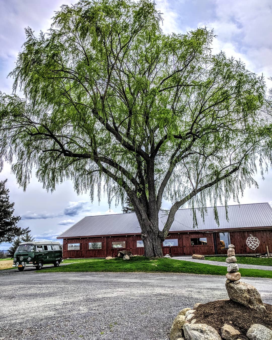 A large willow tree stands before a rustic barn, with a green van parked nearby—an inviting scene reminiscent of countryside stops on Finger Lakes Wine Tours, complete with stacked rocks in the foreground.
