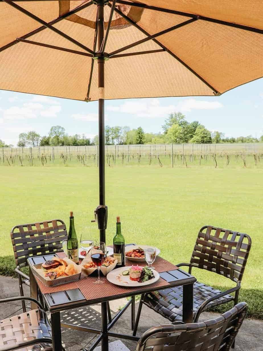 Outdoor table under a large umbrella set with food, wine, and four chairs, reminiscent of the scenic views found at Finger Lakes wineries with restaurants, overlooking a lush green field.