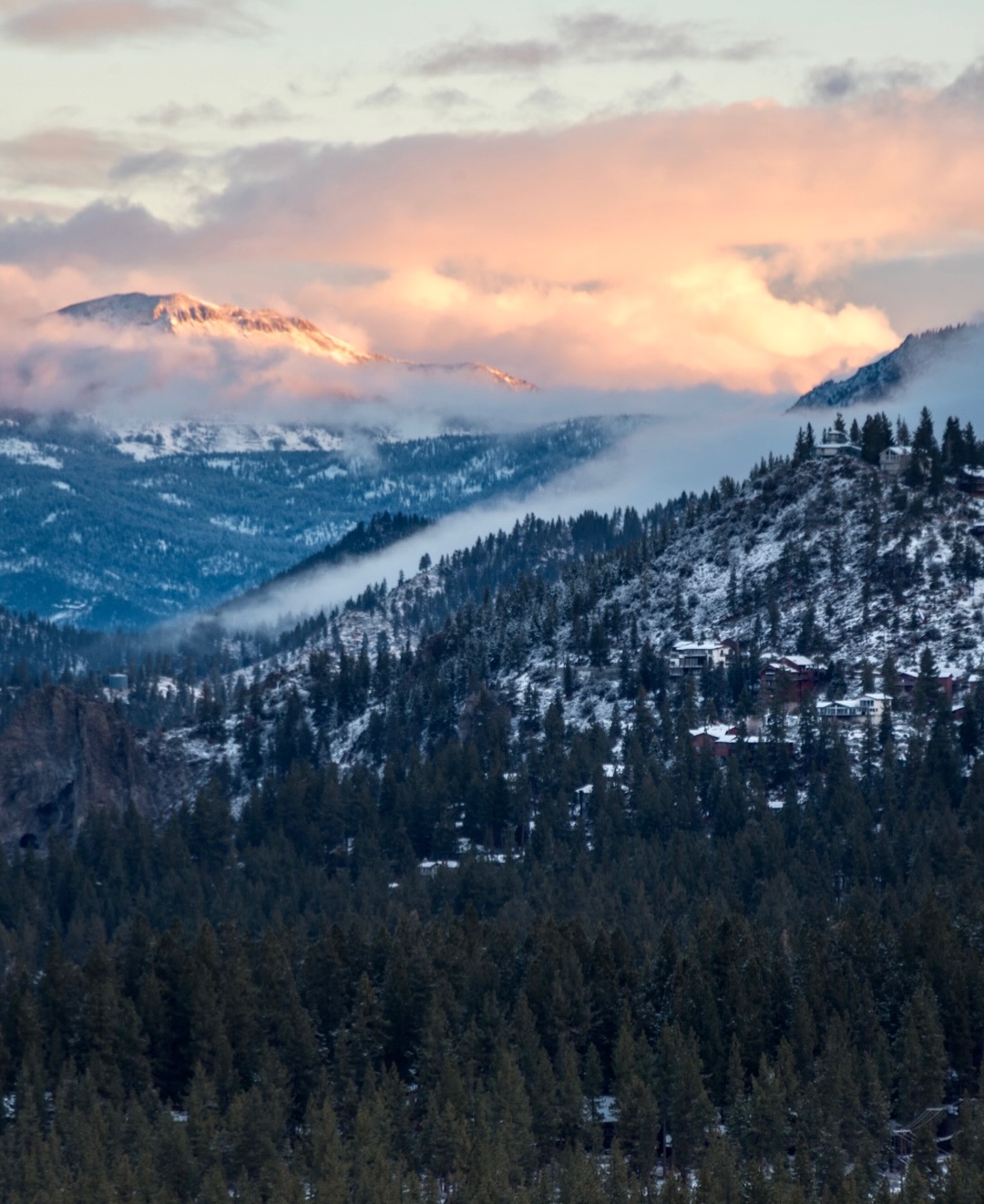 Snowy mountain peaks at sunset with clouds and a dense forest in the foreground—perfect scenery for a family vacation to Lake Tahoe.