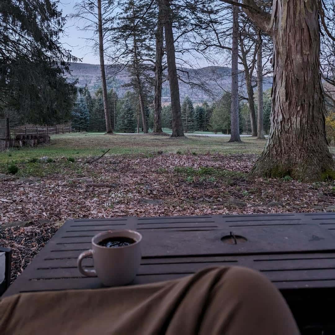 Mug of coffee on a table outdoors, overlooking trees and mountains in the early morning light—perfect for relaxing at one of the Best Places to Stay in Finger Lakes Near Wineries.