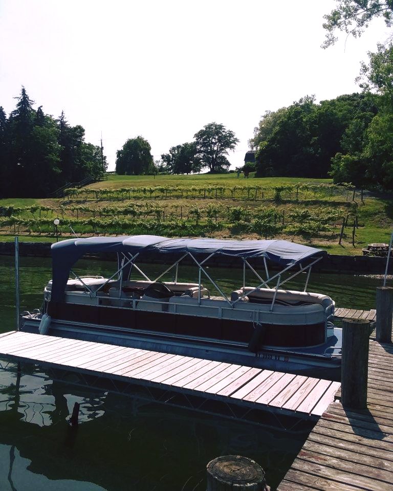 A pontoon boat docked beside a wooden pier with a grassy hill and trees in the background, perfect for relaxing during scenic Finger Lakes Wine Tours.