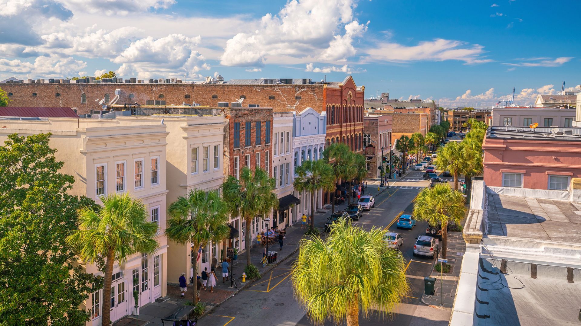 A sunny street view of historic buildings and palm trees in downtown Charleston, South Carolina—a perfect backdrop while exploring things to do in Charleston with kids.