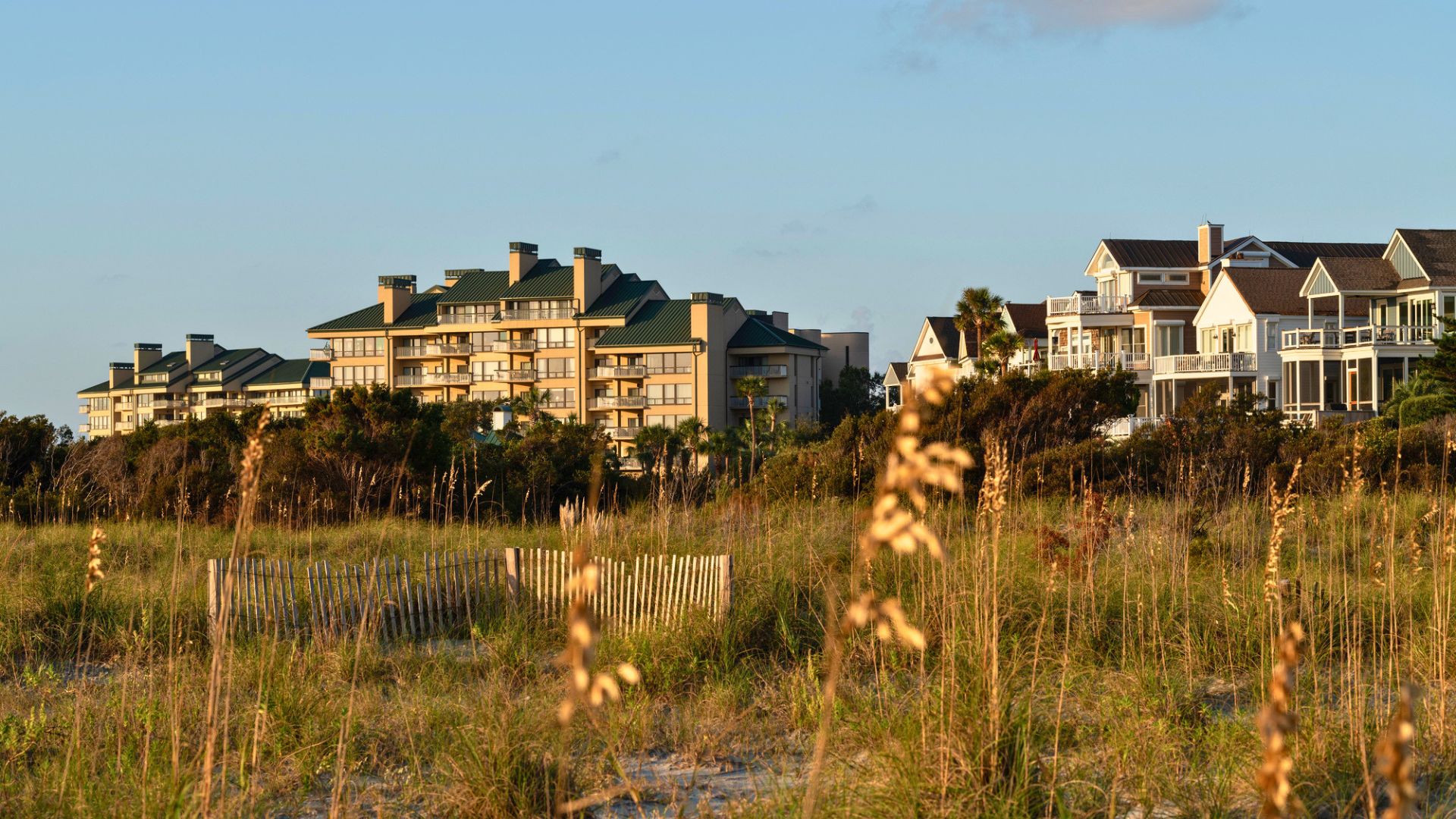 Condominiums and beach houses behind a grassy sand dune under a clear sky at sunset—a perfect setting for family fun and things to do in Charleston with kids.