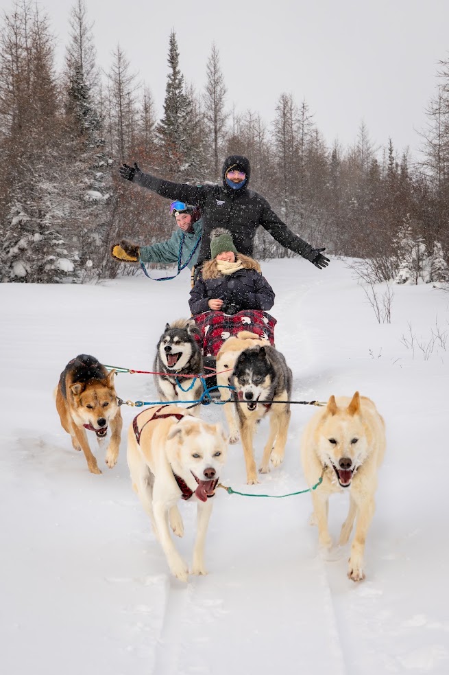 Four dogs pull a sled with bundled-up people through snowy woods on a wintery day; everyone looks joyful, cherishing the magic of their Churchill Northern Lights tour.