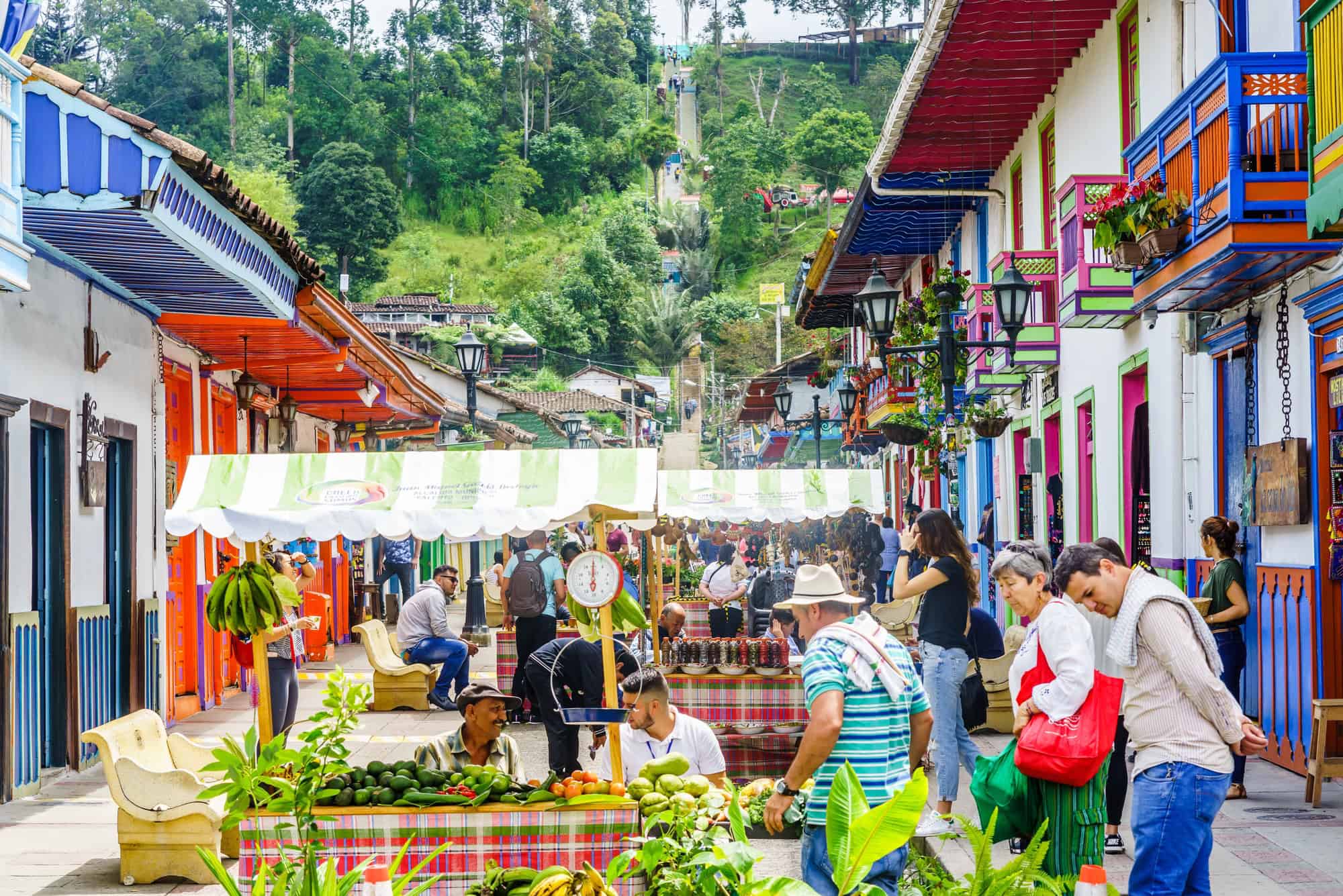 Colorful street market with people shopping for fruits and vegetables, vibrant buildings, and greenery in the background—one of the top foodie destinations for fresh produce lovers.