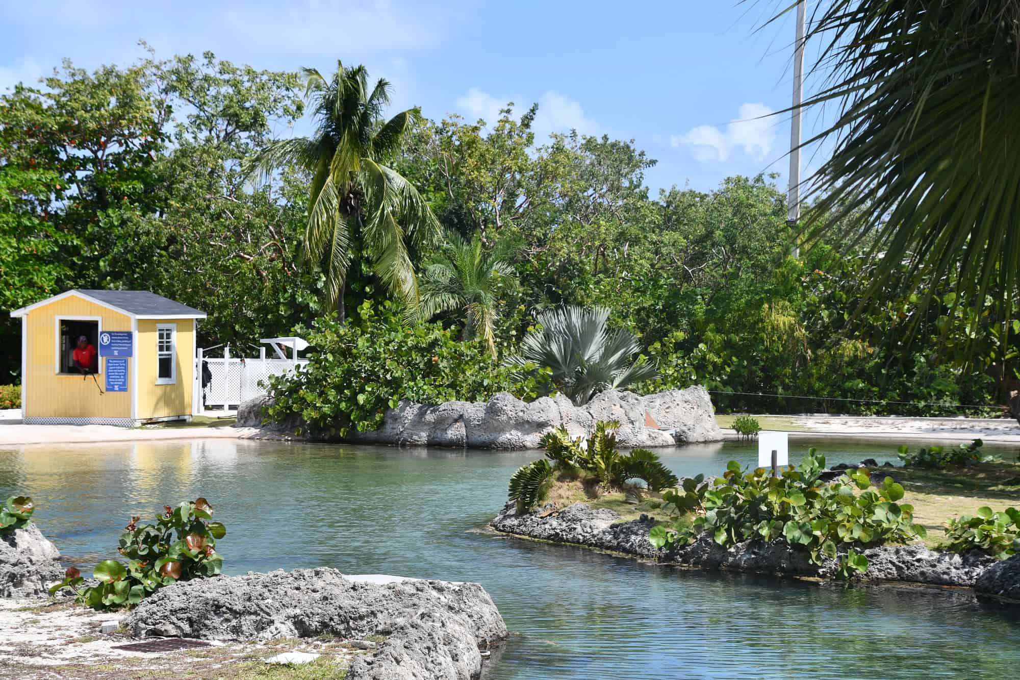 Small yellow hut by a tropical lagoon, surrounded by rocks, palm trees, and lush green foliage under the blue sky&mdash;a hidden gem that captures the essence of Grand Cayman luxury travel.
