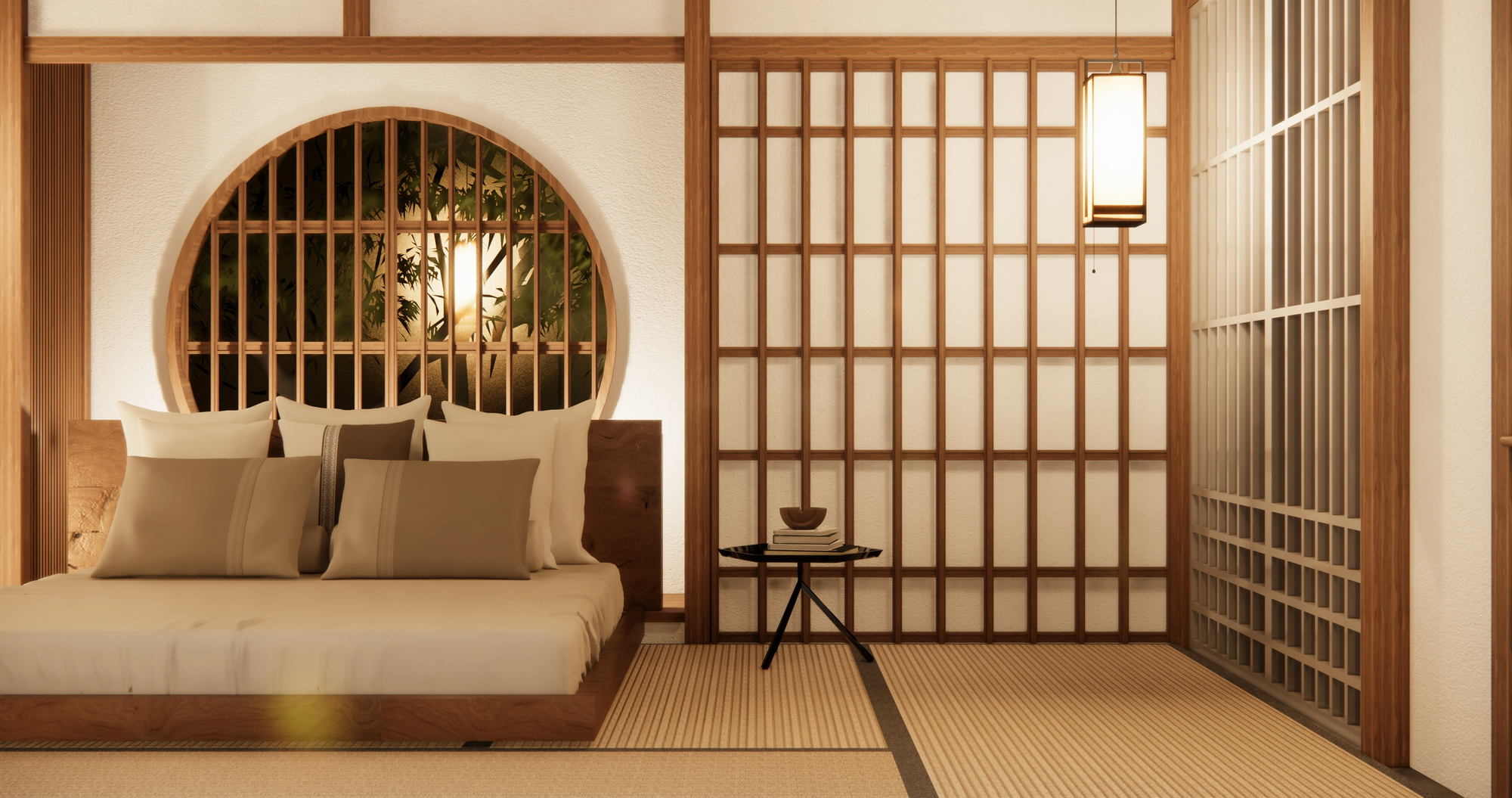 Minimalist Japanese-style bedroom with a round window, wooden bed, pillows, and soft ambient lighting—perfect for anyone inspired by traveling in Japan and seeking a serene retreat.