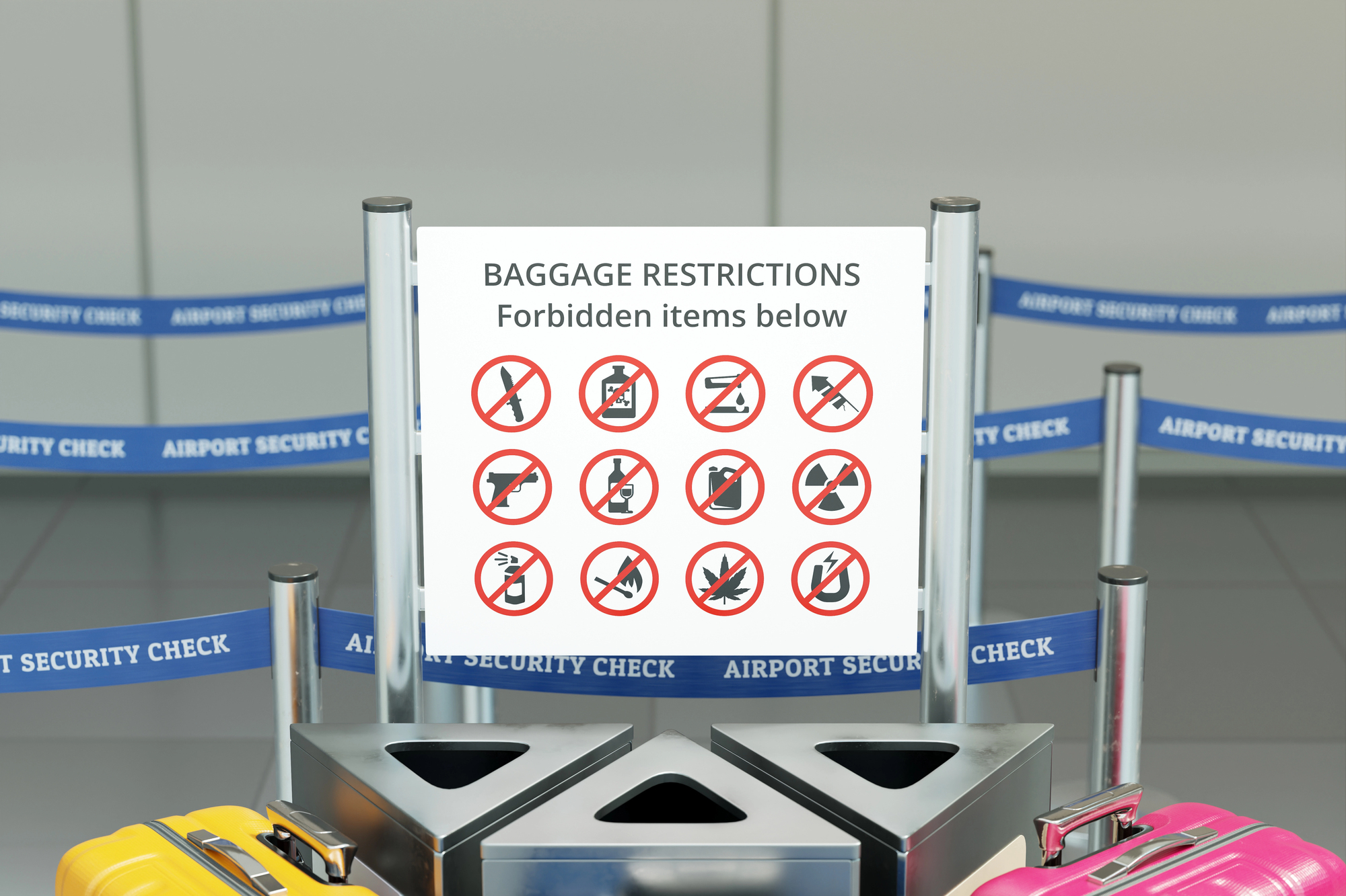 Airport sign listing baggage restrictions with icons of forbidden items, such as weapons, liquids, and tools—a helpful guide for anyone traveling in Japan to ensure a smooth security process.