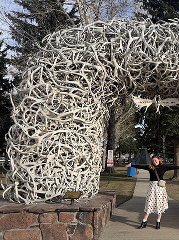 A woman poses under a large arch made of antlers in a park with trees and a blue sky, capturing an iconic moment perfect for any Jackson Hole travel guide.